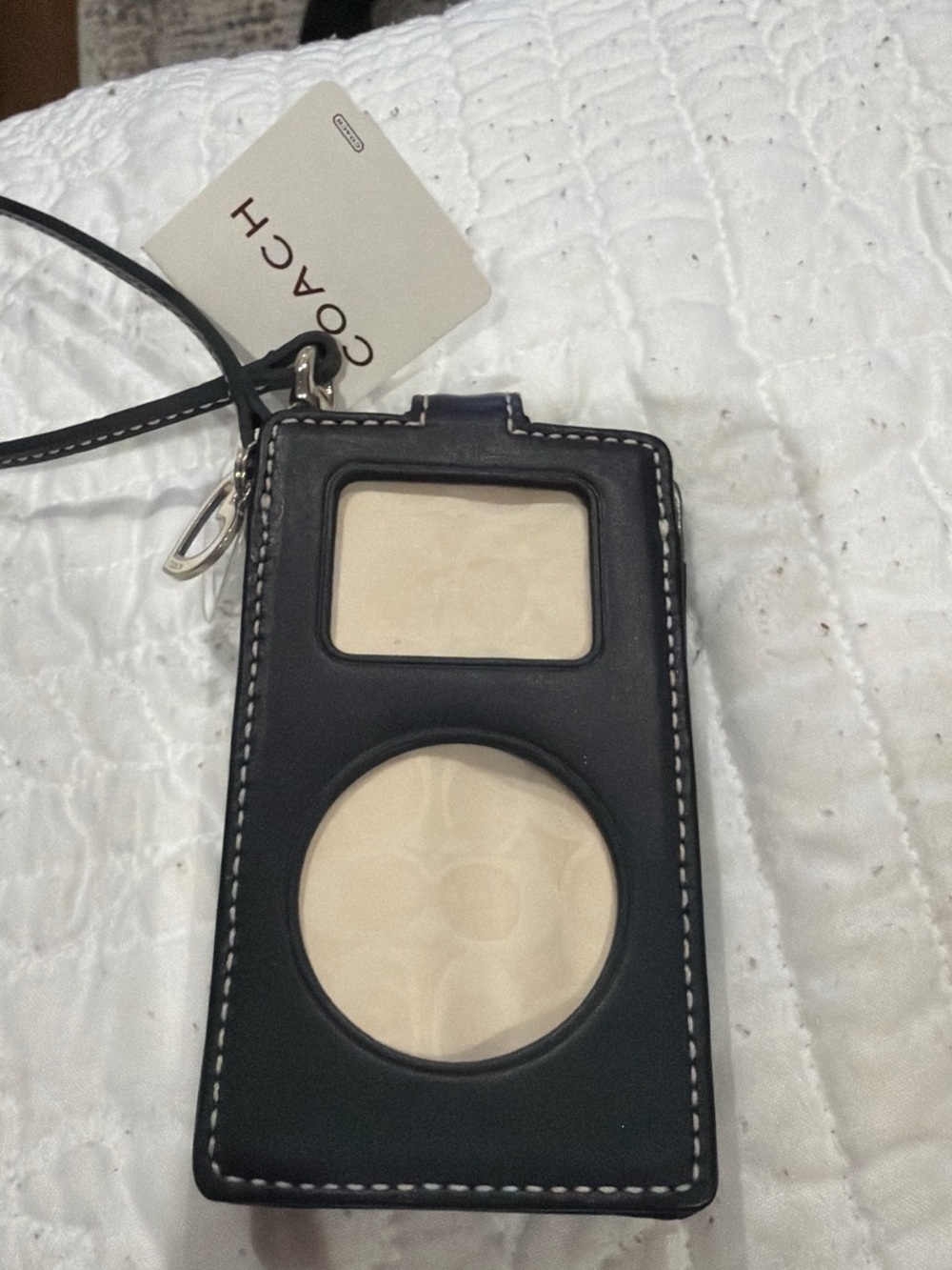 Coach Black Leather ID Phone Case with Cream Inset and Lanyard